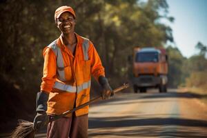 AI generated a female street sweeper worker smiling bokeh style background with Generative AI photo