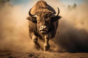 AI generated bighorn bull running through dust bokeh style background with Generative AI photo