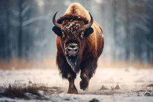 AI generated bull standing in the snow weather bokeh style background with Generative AI photo