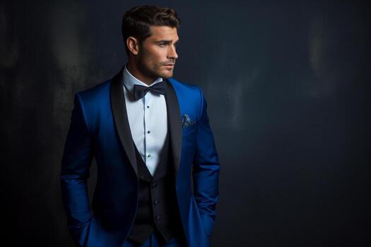 AI generated handsome man model wearing blue tuxedo bokeh style background with Generated AI photo