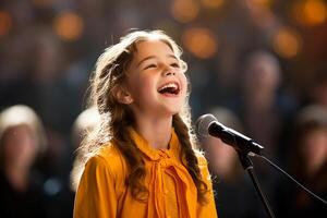 AI generated a young girl singing on the stage bokeh style background with Generated AI photo