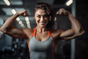 AI generated fitness girl show her muscles in gym bokeh style background with Generated AI photo