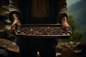 AI generated a man holding a wood tray of coffee beans in front of nature background bokeh style background with Generative AI photo