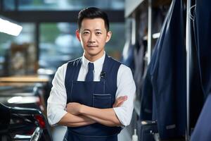 AI generated asian male business entrepreneur in his workshop bokeh style background with Generative AI photo