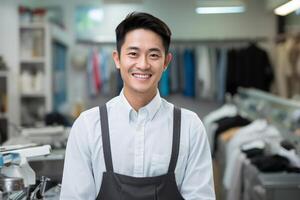 AI generated a male receptionist in laundry shop bokeh style background with Generated AI photo