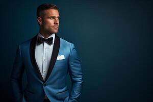 AI generated handsome man model wearing blue tuxedo bokeh style background with Generated AI photo