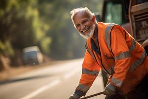 AI generated a male street sweeper worker smiling bokeh style background with Generative AI photo