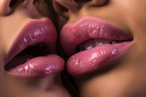 ai generado un cerca arriba de un dos De las mujeres rosado labios con generativo ai foto