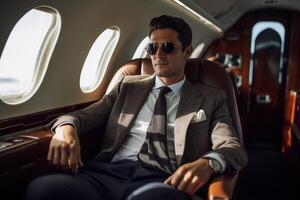 AI generated businessman sitting on private jet bokeh style background with Generated AI photo