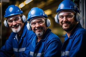 AI generated three maintenance engineer wearing blue uniform smiling bokeh style background with Generated AI photo