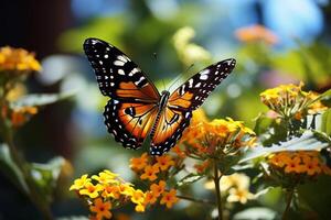 ai generado amarillo mariposa sentado en verde planta hojas bokeh estilo antecedentes con generado ai foto