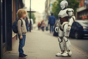 AI generated young boy talking with robot bokeh style background with Generative AI photo