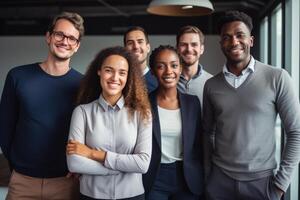 ai generado negocio trabajo en equipo sonriente en el oficina bokeh estilo antecedentes con generado ai foto