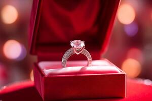 ai generado un diamante Boda anillo en un rojo caja bokeh estilo antecedentes con generado ai foto