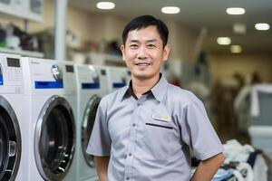 AI generated asian repairman smiling at laundry shop bokeh style background with Generated AI photo