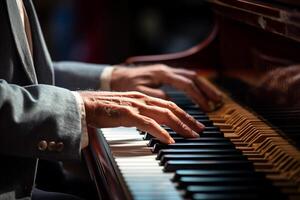 AI generated close up of hands playing the piano bokeh style background with Generated AI photo