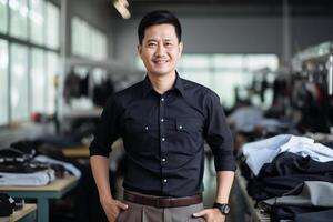 AI generated asian male business entrepreneur in his workshop bokeh style background with Generative AI photo