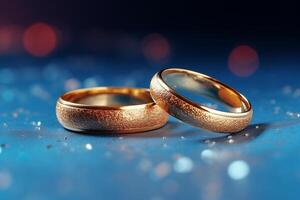AI generated close up of two gold wedding rings on blue background bokeh style background with Generated AI photo