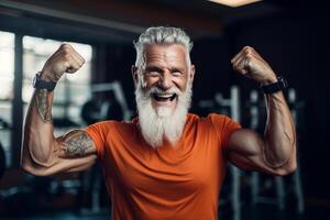AI generated an elderly man show his muscle in the gym bokeh style background with Generative AI photo