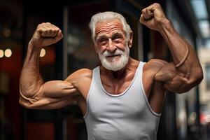 AI generated an elderly man show his muscle in the outdoor bokeh style background with Generative AI photo