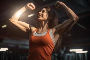 AI generated fitness girl show her muscles in gym bokeh style background with Generative AI photo