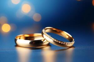 AI generated close up of two gold wedding rings on blue background bokeh style background with Generated AI photo