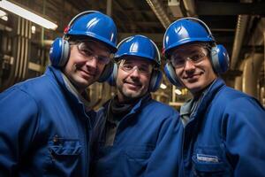 ai generado Tres mantenimiento ingeniero vistiendo azul uniforme sonriente bokeh estilo antecedentes con generado ai foto