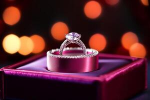 ai generado un diamante Boda anillo en un rojo púrpura caja bokeh estilo antecedentes con generado ai foto