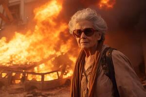 AI generated an old woman standing in front of a burning building bokeh style background with Generative AI photo