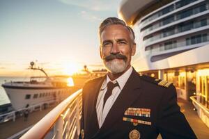 AI generated old male captain standing in front of the ship bokeh style background with Generated AI photo