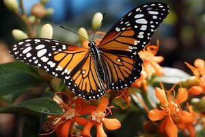 AI generated yellow butterfly sitting on green plant leaves bokeh style background with Generated AI photo