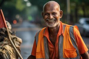 ai generado un masculino calle barrendero trabajador sonriente bokeh estilo antecedentes con generativo ai foto