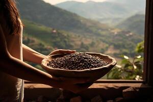 ai generado un mujer participación un madera bandeja de café frijoles en frente de naturaleza antecedentes bokeh estilo antecedentes con generativo ai foto