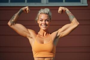 AI generated fitness girl show her muscles bokeh style background with Generated AI photo