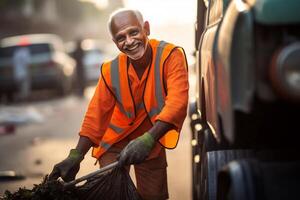 ai generado un masculino calle barrendero trabajador sonriente bokeh estilo antecedentes con generativo ai foto