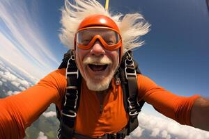 AI generated an old man taking a selfie while skydiving with Generated AI photo