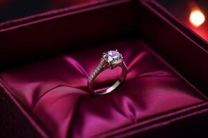 ai generado un diamante Boda anillo en un rojo púrpura caja bokeh estilo antecedentes con generado ai foto