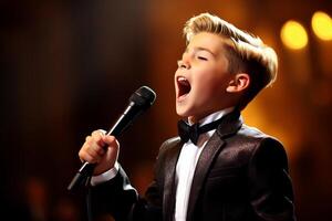 AI generated a young boy singing on the stage bokeh style background with Generated AI photo