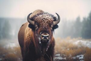 AI generated bull standing in the snow weather bokeh style background with Generative AI photo