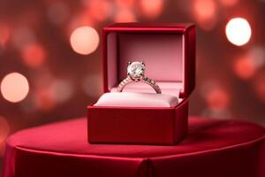 AI generated a diamond wedding ring in a red box bokeh style background with Generated AI photo