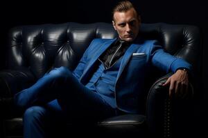 ai generado empresario modelo vistiendo azul traje sentado en el silla con generado ai foto