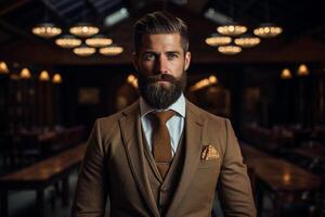 AI generated handsome middle age man model wearing brown suit bokeh style background with Generated AI photo