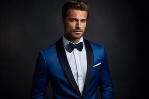 AI generated handsome man model wearing blue tuxedo bokeh style background with Generated AI photo