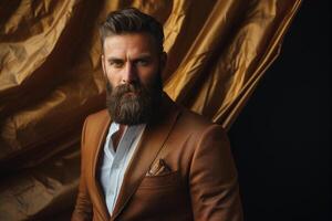 AI generated handsome middle age man model wearing brown suit bokeh style background with Generated AI photo