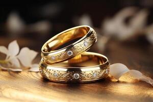 AI generated close up of two gold wedding rings bokeh style background with Generated AI photo