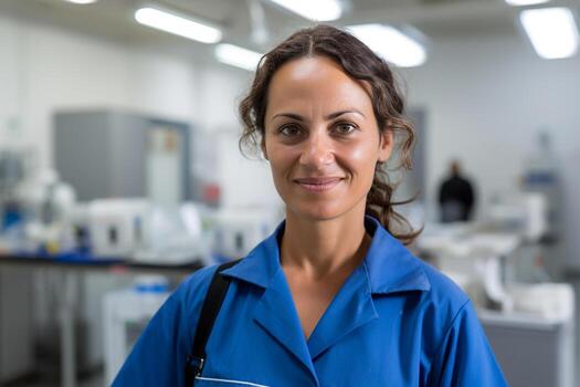 AI generated a portrait of housekeeper smiling in her workplace bokeh style background with Generative AI photo