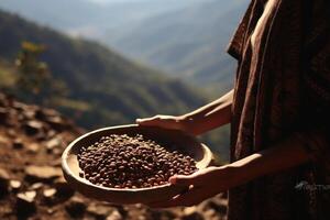 AI generated a man holding a wood tray of coffee beans in front of nature background bokeh style background with Generative AI photo