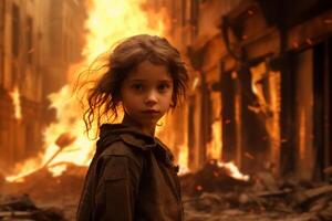 AI generated a young girl standing in front of a burning building bokeh style background with Generative AI photo