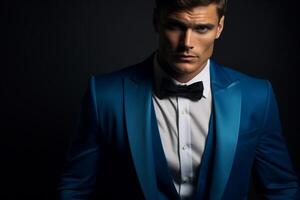 ai generado hermoso hombre modelo vistiendo azul smoking bokeh estilo antecedentes con generado ai foto