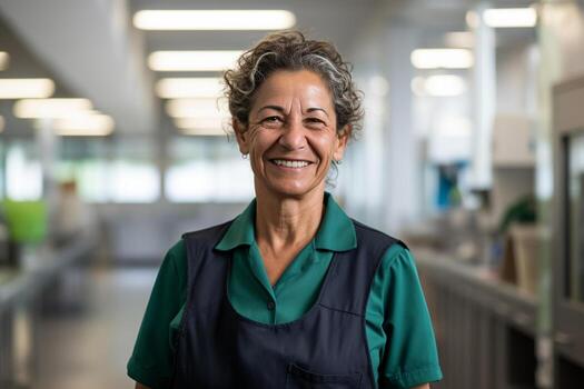 AI generated a portrait of housekeeper smiling in her workplace bokeh style background with Generative AI photo